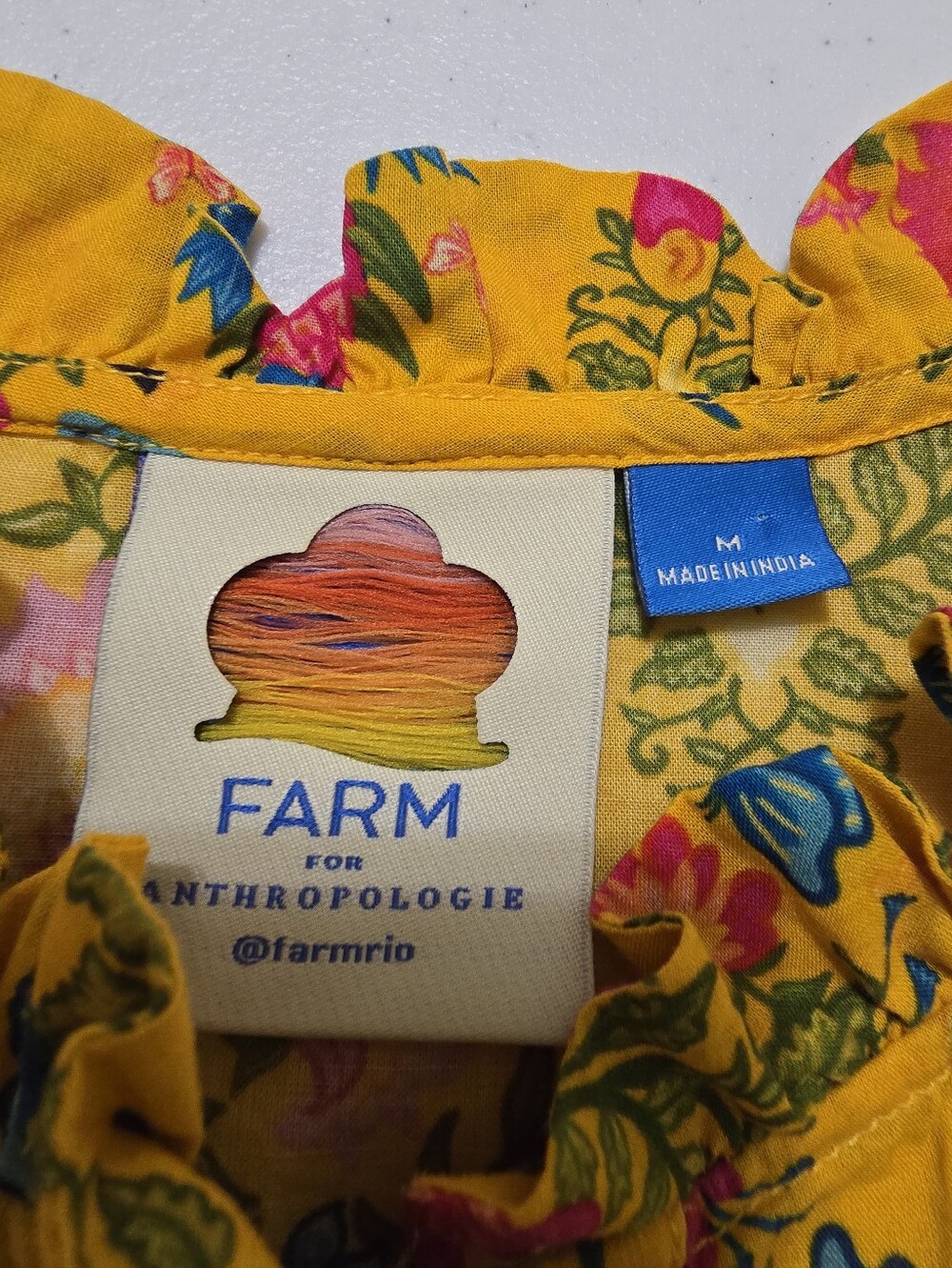 Farm Rio Anthropologie Puff- Sleeve Ruched Blouse Yellow Floral LS Button Up Med - Picture 8 of 10